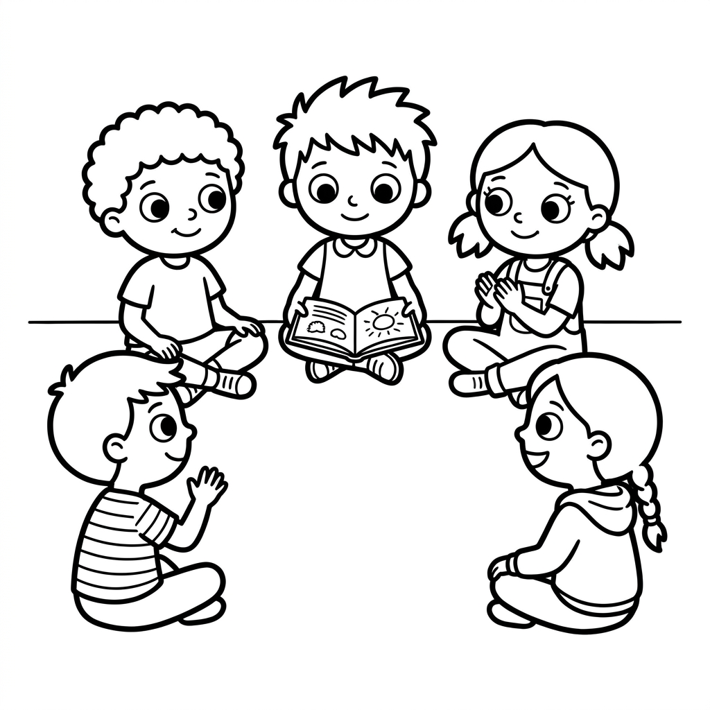 Welcome to preschool coloring page showing a group of five diverse cartoon children sitting happily in a circle